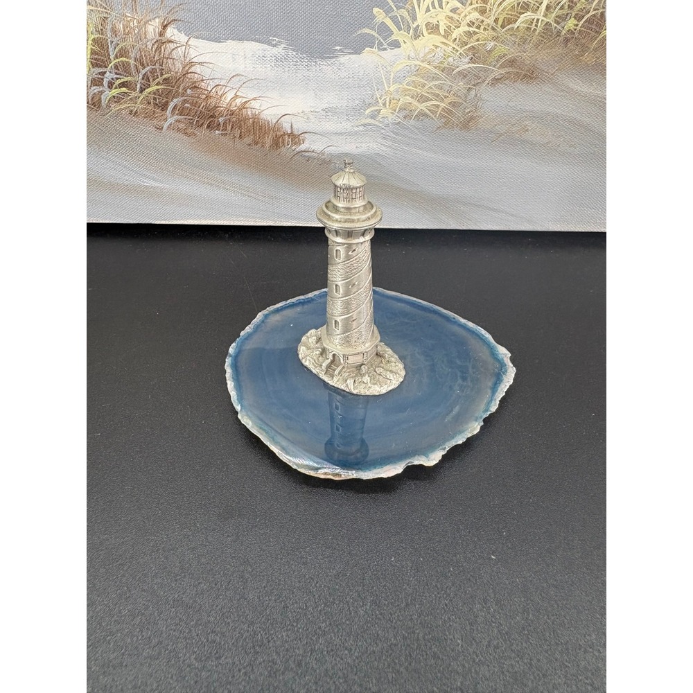 Spoontiques Pewter Lighthouse Figurine on Blue Agate Slice Base Nautical Decor